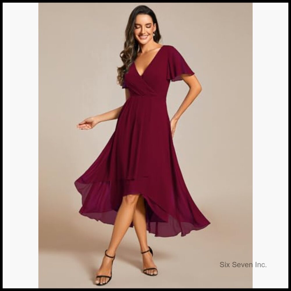 Chiffon V-Neck Ruched Midi High Low Formal Dress Short Sleeves - Picture 3 of 7